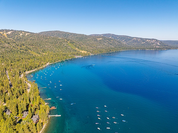 An aerial photo of the west shore of Lake Tahoe.